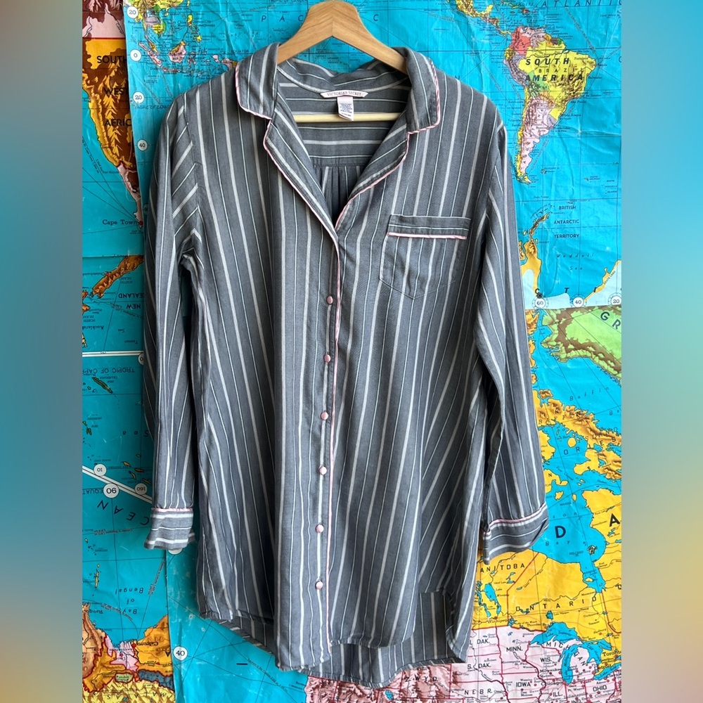Victoria's Secret Gray & White Pinstripe Long Button Pajama Shirt